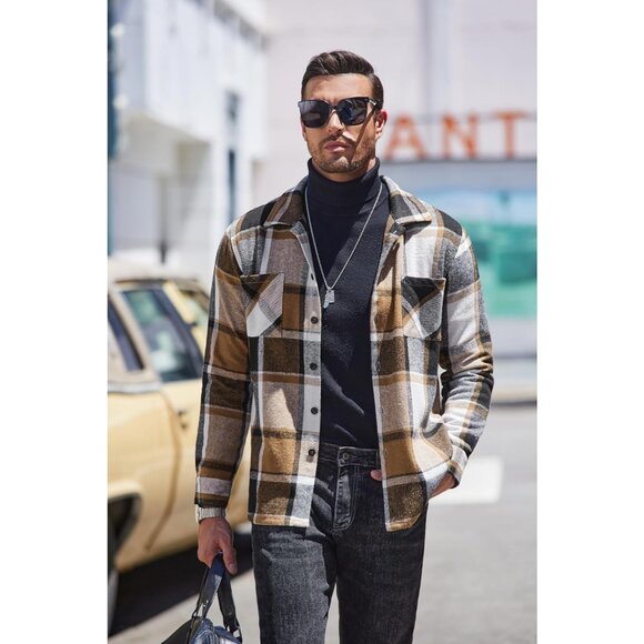 Men's Khaki Gray Flannel Shirts Casual Button Down Plaid Shirt with Pockets - Picture 2 of 6